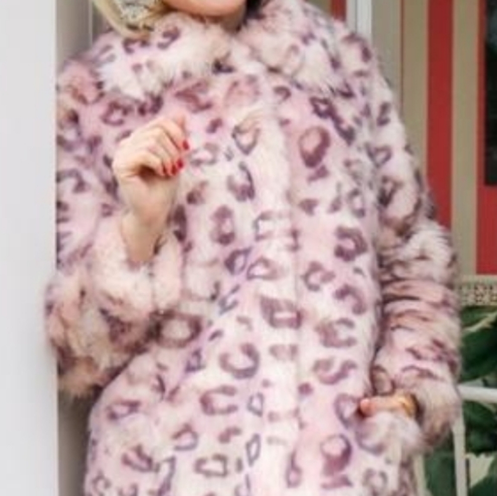Tyler Boe Faux Pink Leopard Fur Coat